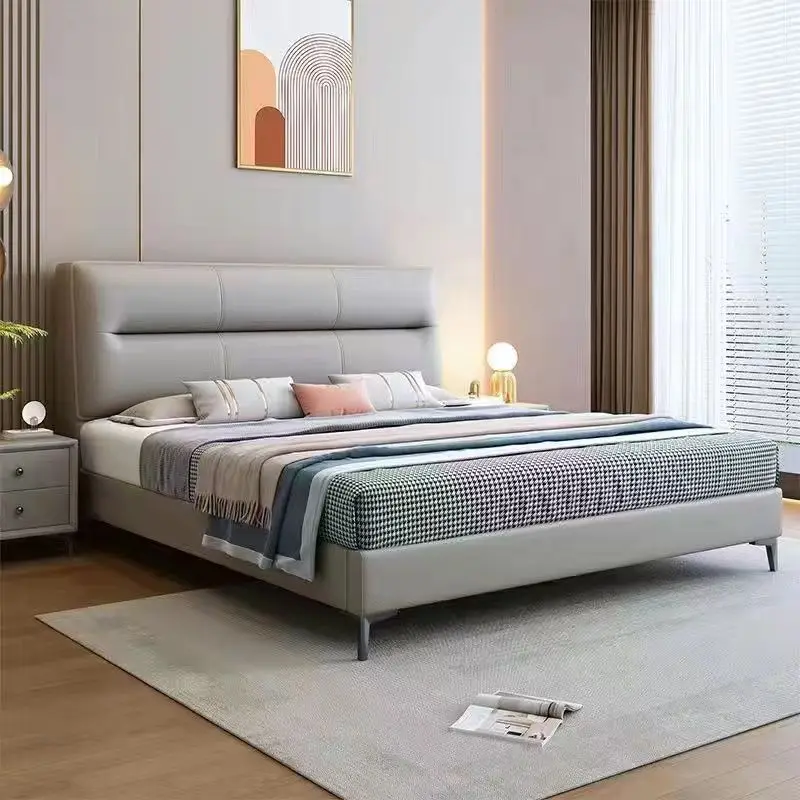 Italian Modern Deluxe King Bed Wood Frame Cat-proof Leather with Bedside Table Mattress Bedroom Furniture Set