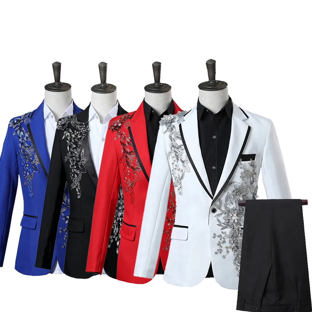 Elegant Appliqued Two-piece Men\'s Suit for Wedding Banquet Host Dance Prom Christmas Costume Men Blazer Chinese Style