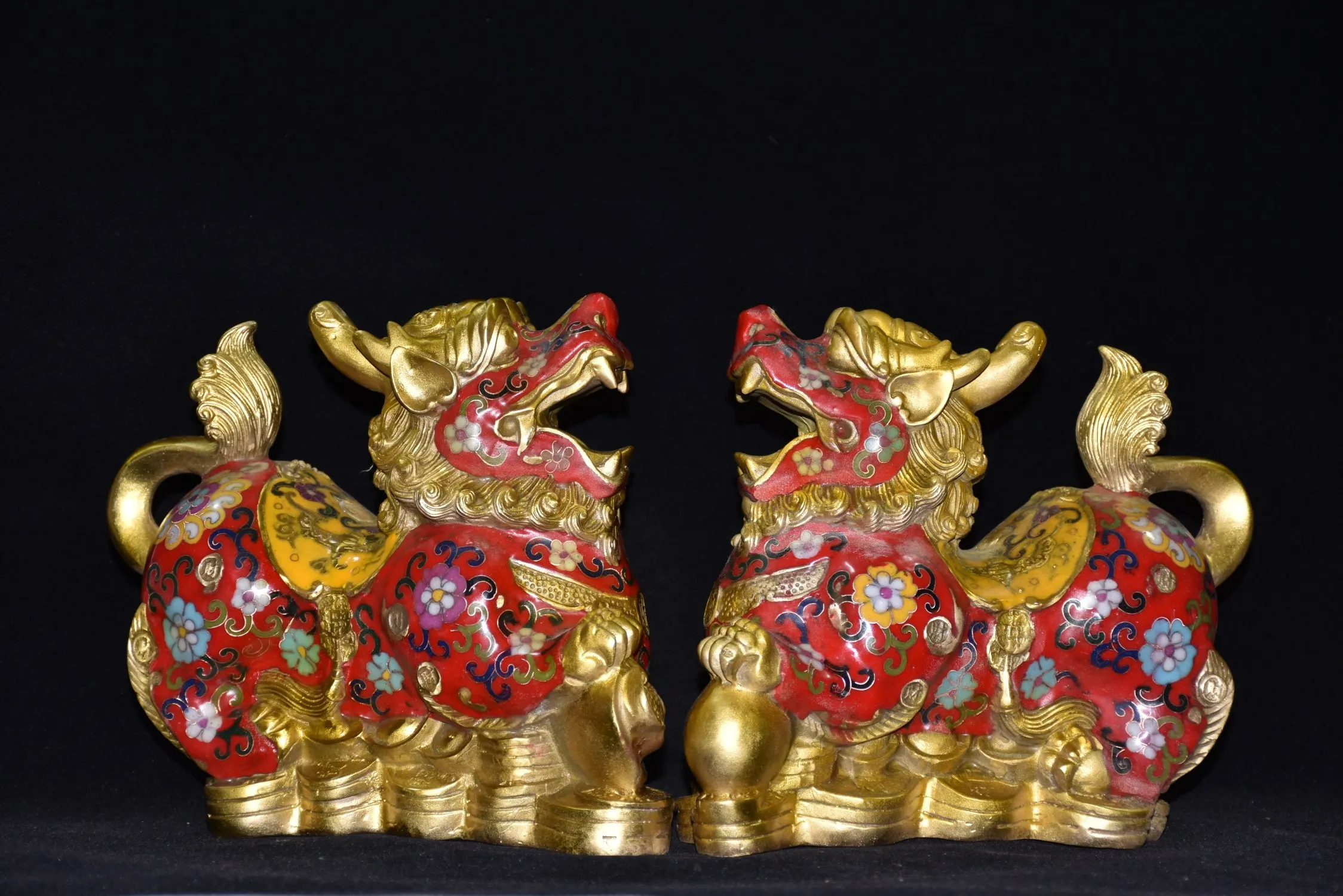 

9"Tibetan Temple Collection Old Bronze Cloisonne Enamel Brave Troops Pixiu statue A pair Gather fortune Ornament Town house