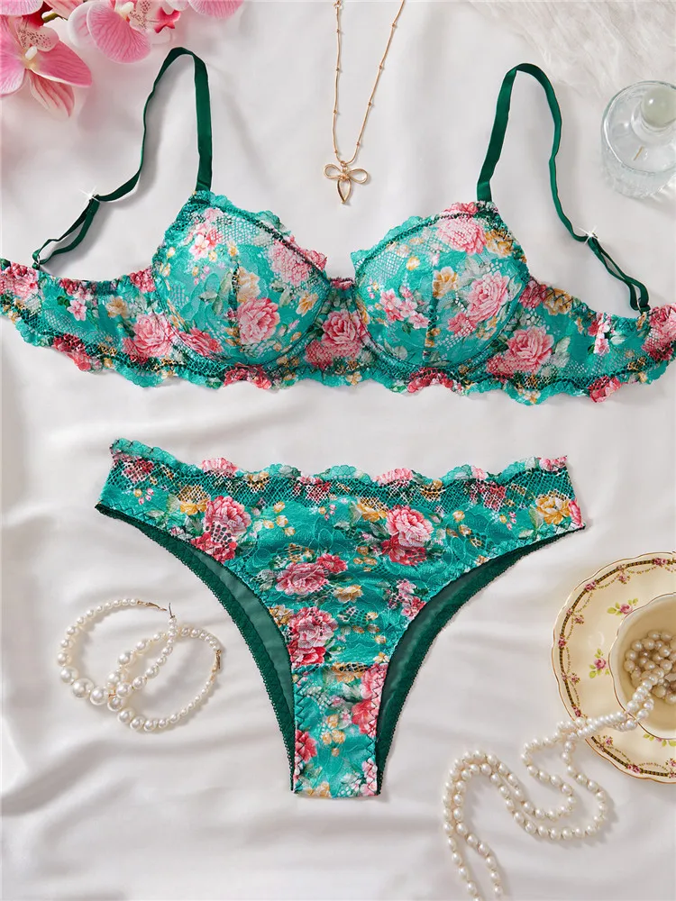 

Сексуальное женское белье 2025 года, винтажный бюстгальтер с романтическими цветами, короткий комплект, бесшовное удобное нижнее белье с принтом, трусики, кружевные сетчатые экзотические комплекты