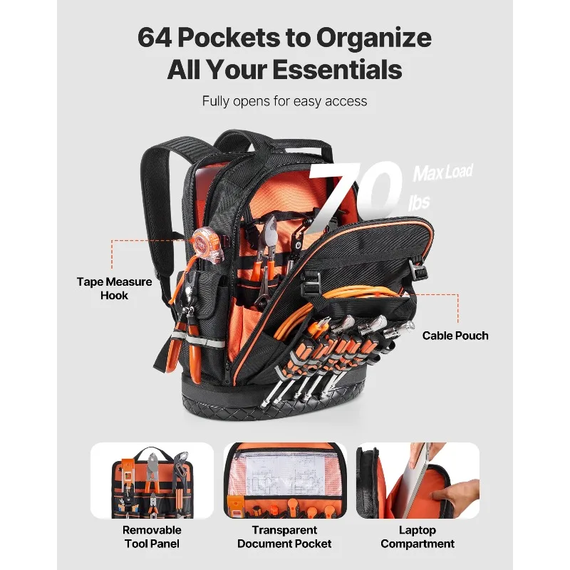 

【From China】 Tool Backpack 64 Pockets Tools Storage Organizer Work Bag with Lap Compartment Molded Base for Electrician Repa