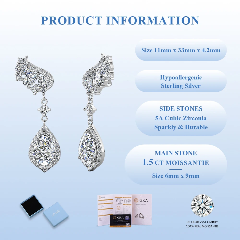 

925 Sterling Silver Luxury Moissanite Ear Drops Women Elegant Wedding Jewelry Brilliant Cut Fine Craftsmanship with GRA
