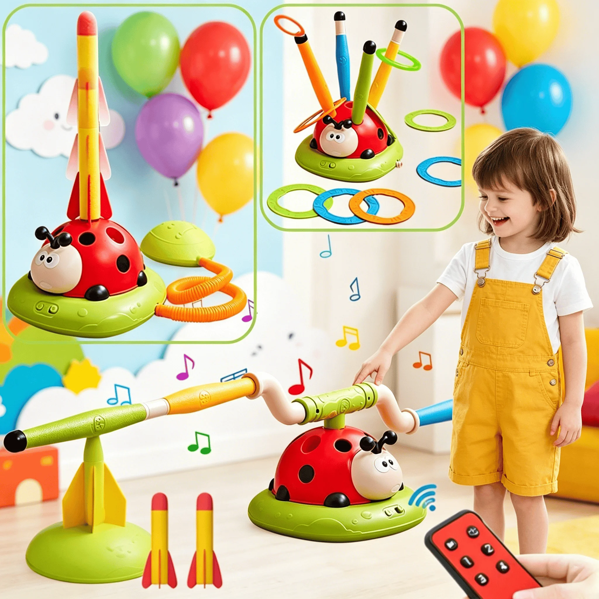 

2/3/4/5-in-1 Ladybug Kids Outdoor Toy, Rocket Launcher Musical Jump Ring Toss, Christmas Gift for 3-8