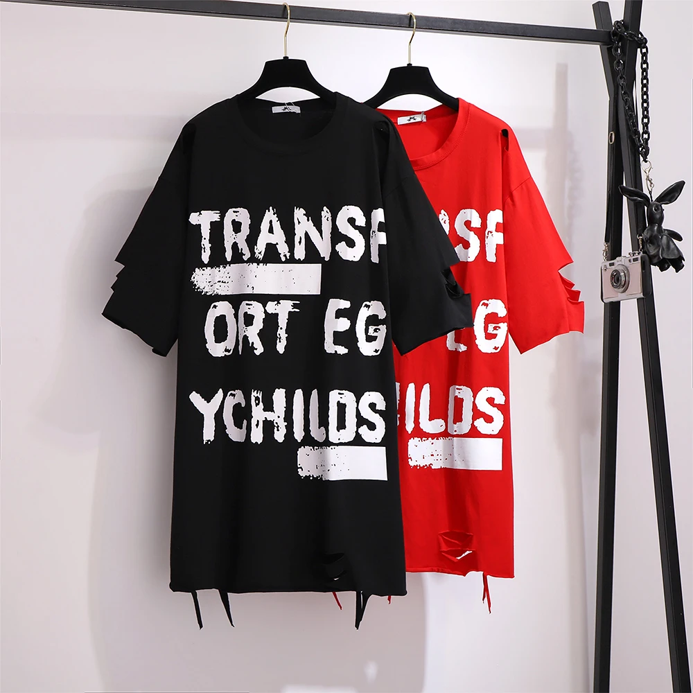 Plus-size women's summer casual commute loose and comfortable T-shirt black red letter print short-sleeved top with holes large