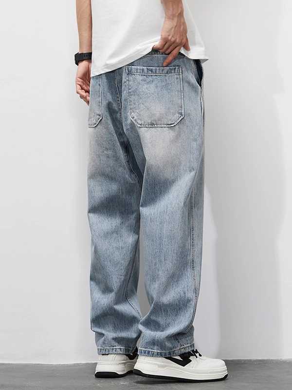 

Washed Vintage Men's Jeans Loose Straight Leg Light Colored Floor-Length Casual Long Trousers Spring Autumn New Style