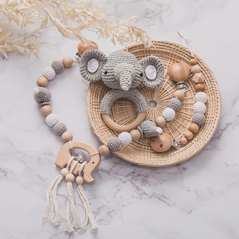 Baby Wood Crochet Stroller Toys Elephant Bed Hanging Rattle Toy Crochet Animal Pendant Bead Bracelet Baby Crib Mobile Rattle Toy