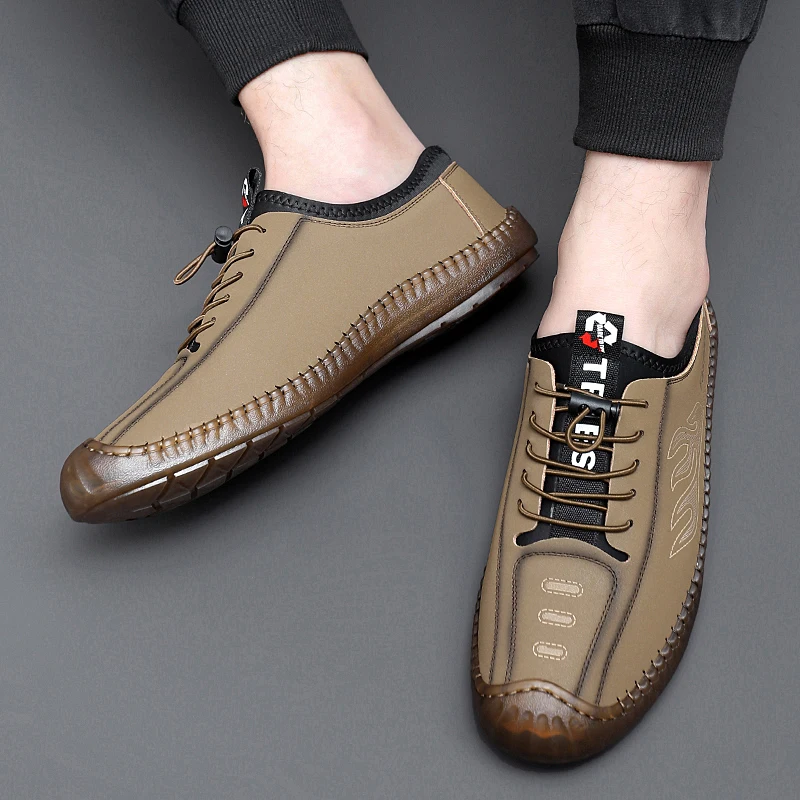 Mocasines de cuero elástico sin cordones para hombre, zapatos informales de suela gruesa de alta calidad, estilo británico para conducir