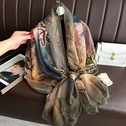 2025 Fashion Silk Scarf Women Foulard Thin Stoles Beach Travel Tippet Floral Long Veil Shawl Luxury Scarves Soft Premium Pareos