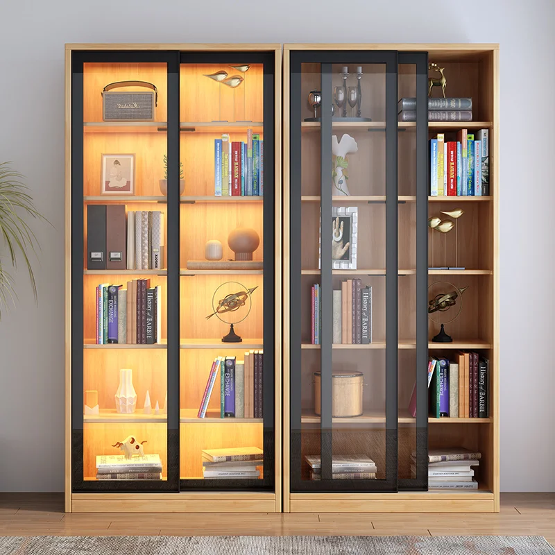 Custom Sliding Door Bookshelf Solid Wood Push-Pull Glass Door Bookcase Floor Storage File Cabinet Simple Modern Dustproof Displa