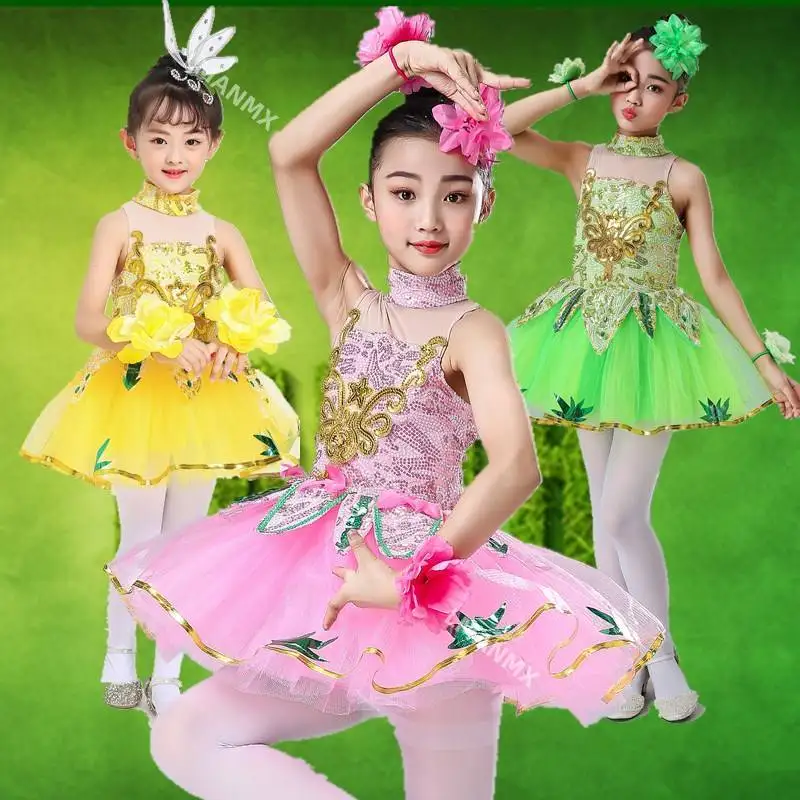 

Children's Jasmine Blossom Dance Performance Dress Grass Performance Dress Flower Fairy Green Yarn Dress