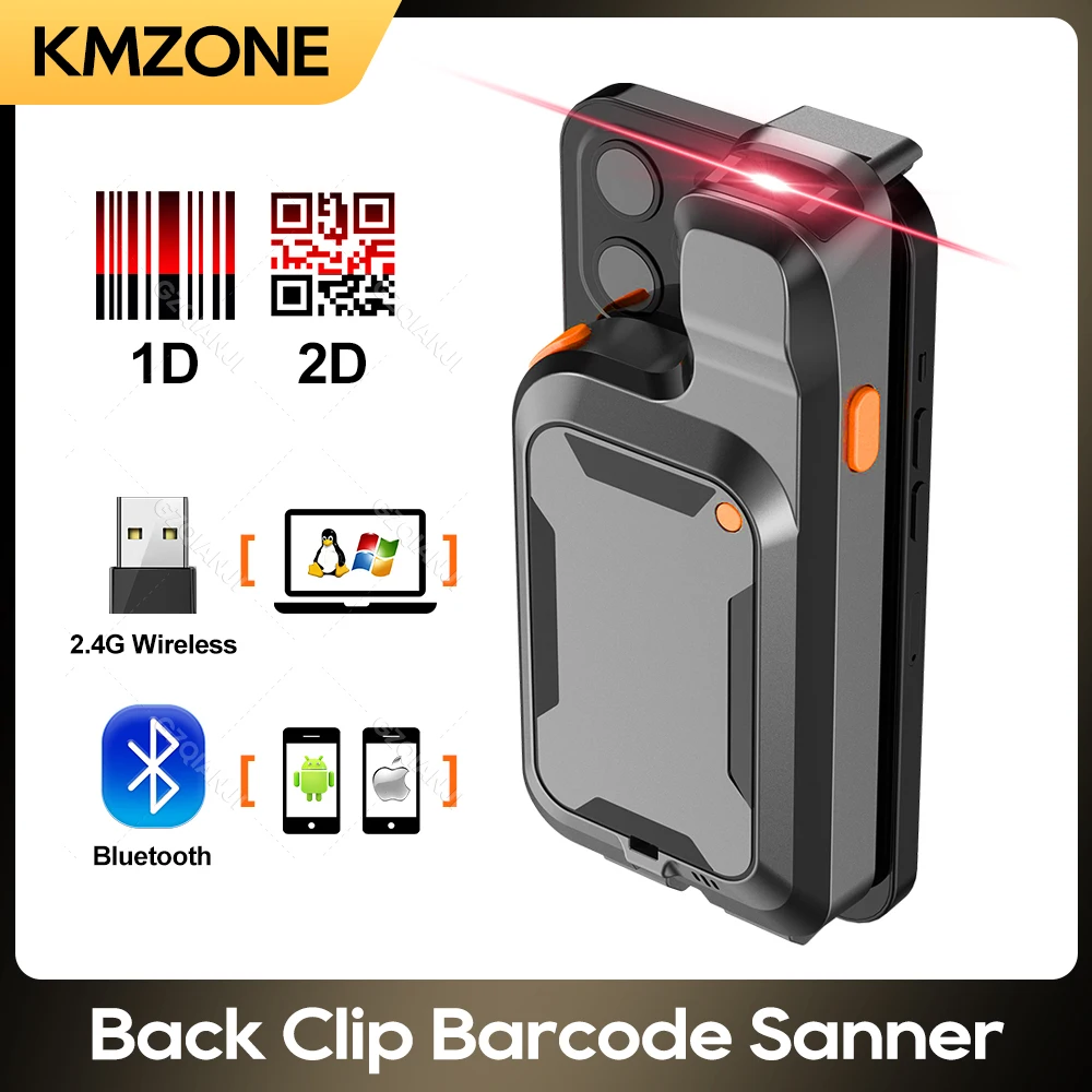 2D Back Clip Bluetooth Barcode Scanner, Telefone Trabalho portátil Barcode Reader, Data Matrix, 1D QR Scanner para Android e iOS System Scan