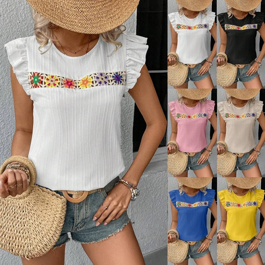 

2025 Summer Women's Flying-fly Sleeve Shirt O-neck Pullover Top Patchwork Fashion Simple Casual Slim Straight Blouses