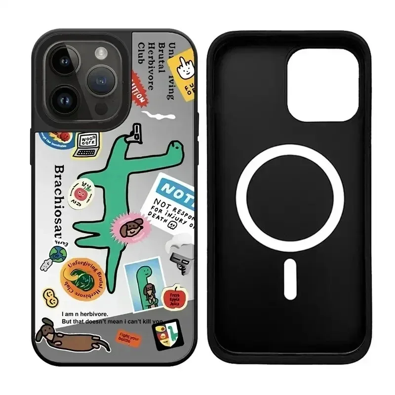 

Cartoon Dinosuar iPhone 11 12 13 14 15 Pro Max Mirror Surface MagSafe Case Cover Shell