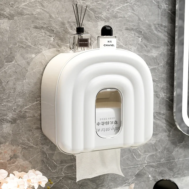 Punch-Free Wall Mounted Toilet Paper Storage Box, Waterproof Dustproof High Capacity Roll Paper Organizer for Bathroom