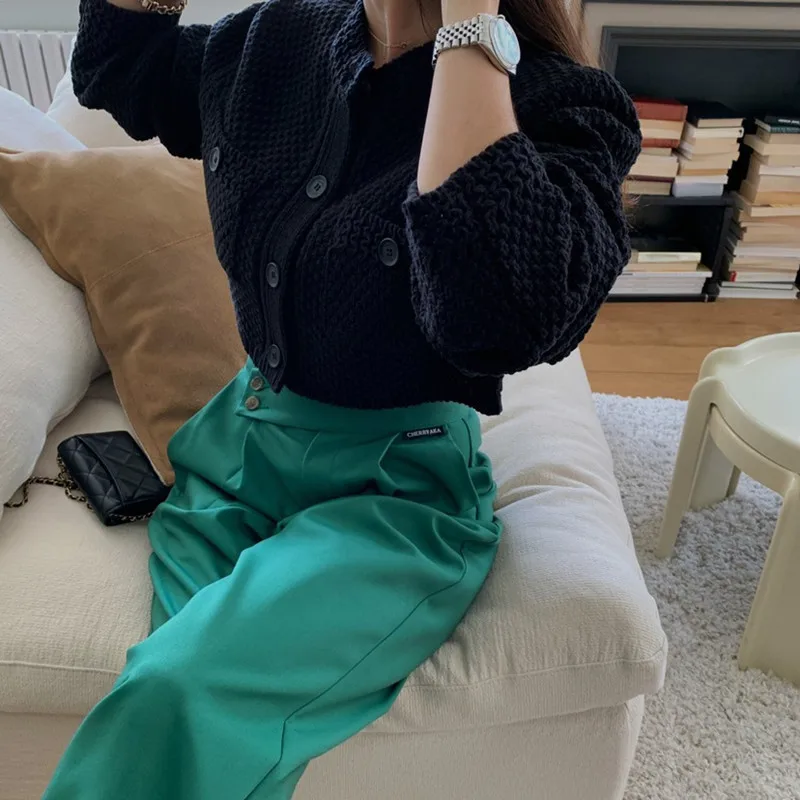 Элегантный кардиган с круглым вырезом, вязаный женский короткий свитер, пальто с карманами, осенняя свободная весенняя корейская универсальная укороченная куртка с длинными рукавами