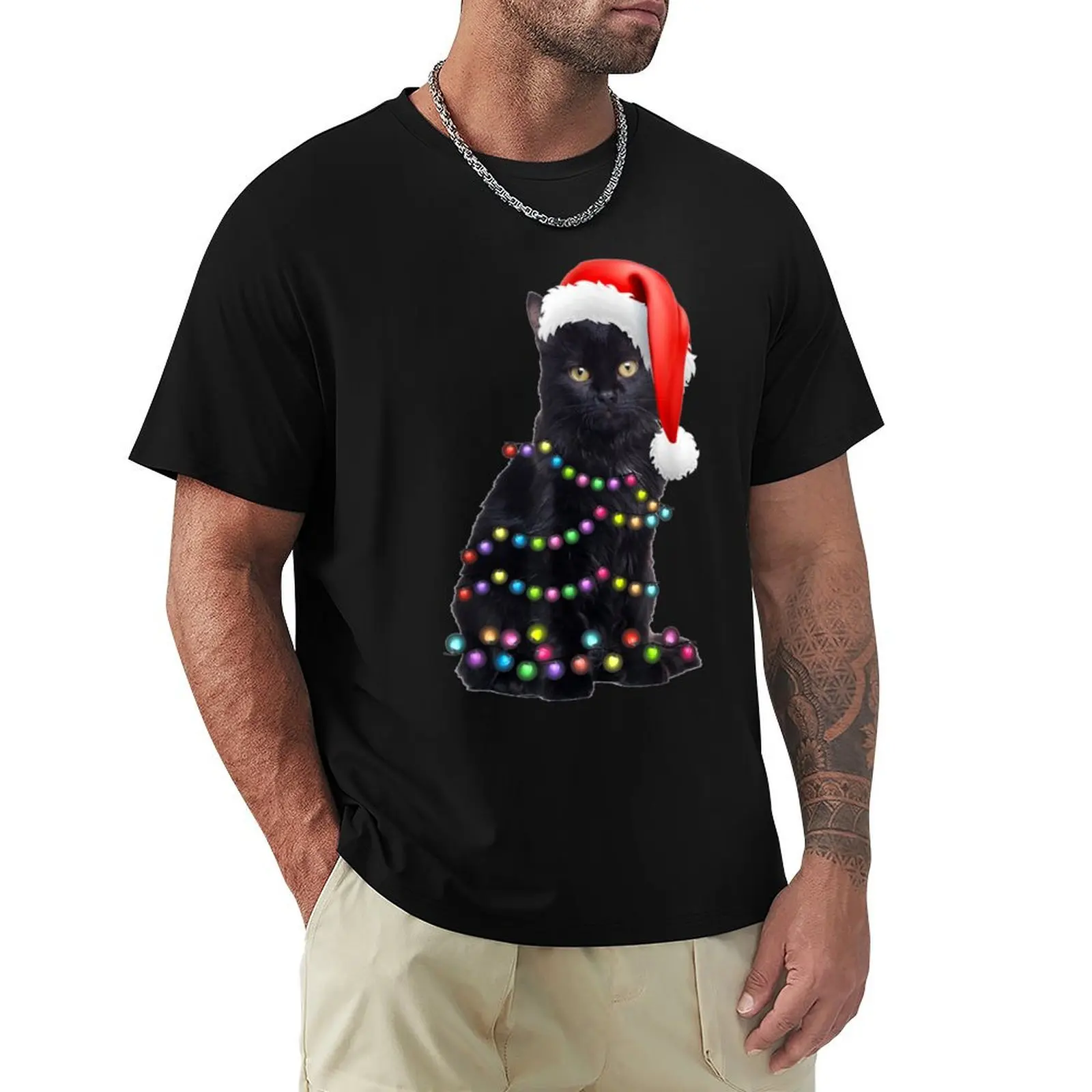 

Black Cat christmas light funny cat lover T-Shirt affliction shirts tshirts personalised mens graphic t-shirts hip hop