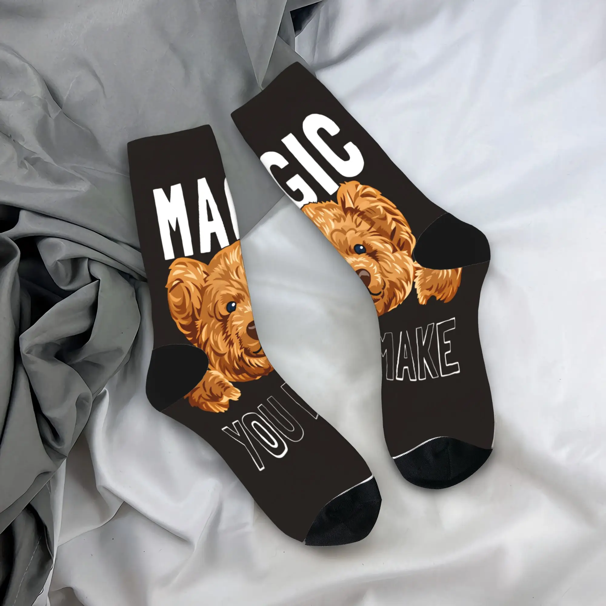 

Teddy Bear Playing Badminton Print Socks Autumn Stockings Gothic Unisex Men Soft Socks Pattern Running Sports Non Slip Socks