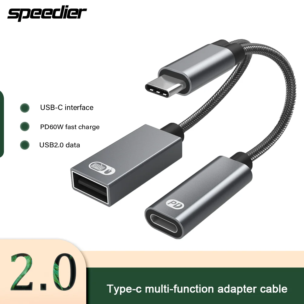 

2 In 1 USB 2.0 Type-C OTG Adapter 60W PD QC Fast Charge Supply Mobile Phone External U Disk Converter Two-In-One Splitter Cable