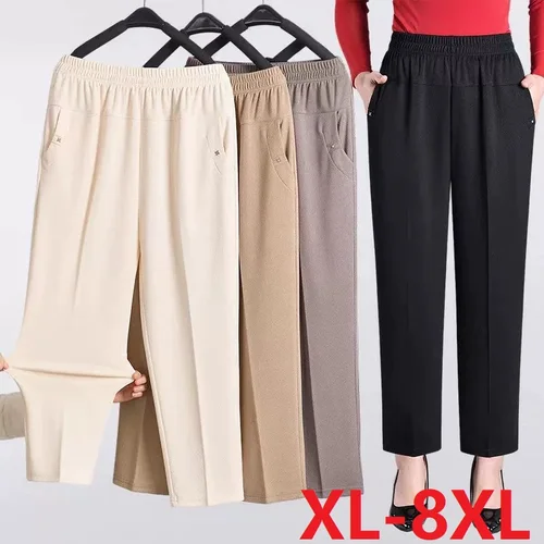 Pantalones de verano para mujer 5XL 6XL 7XL 8XL, novedad de 2022, pantalones informales elásticos de cintura alta, pantalones rectos para mamá de mediana edad y ancianos