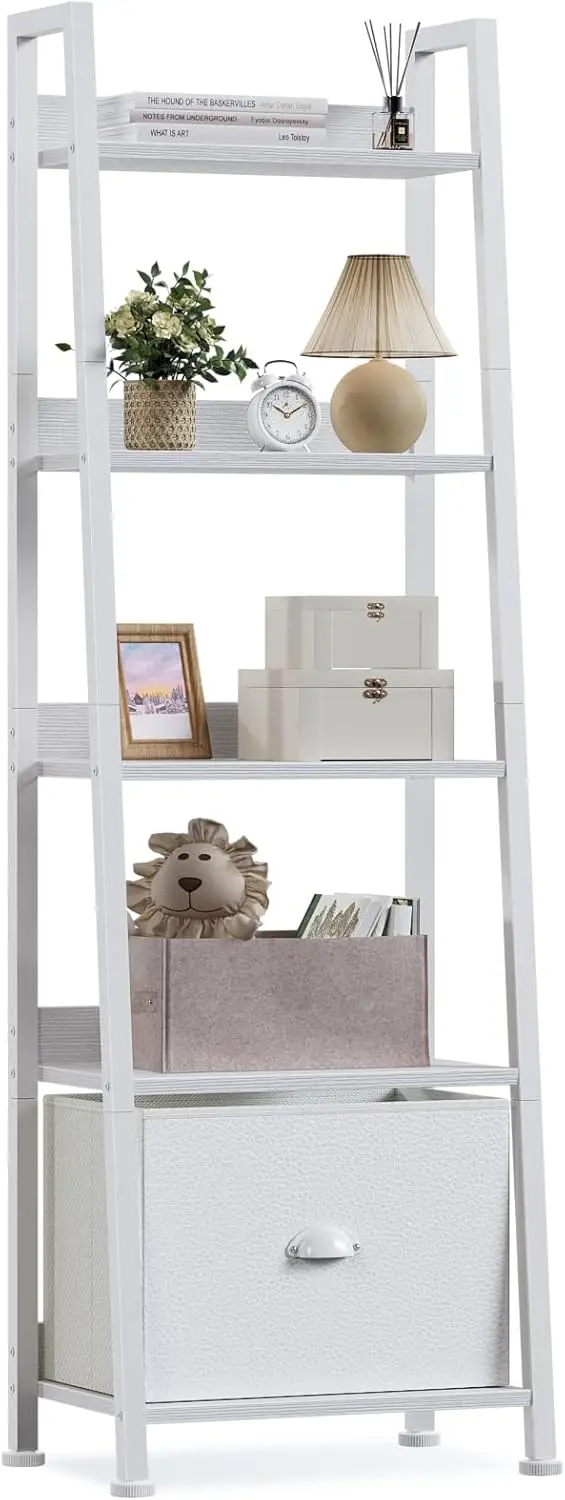 

5-Tier White Ladder Shelf with Removable Drawer, Modern Bookcase Storage Organizer for Living Room, Home Office