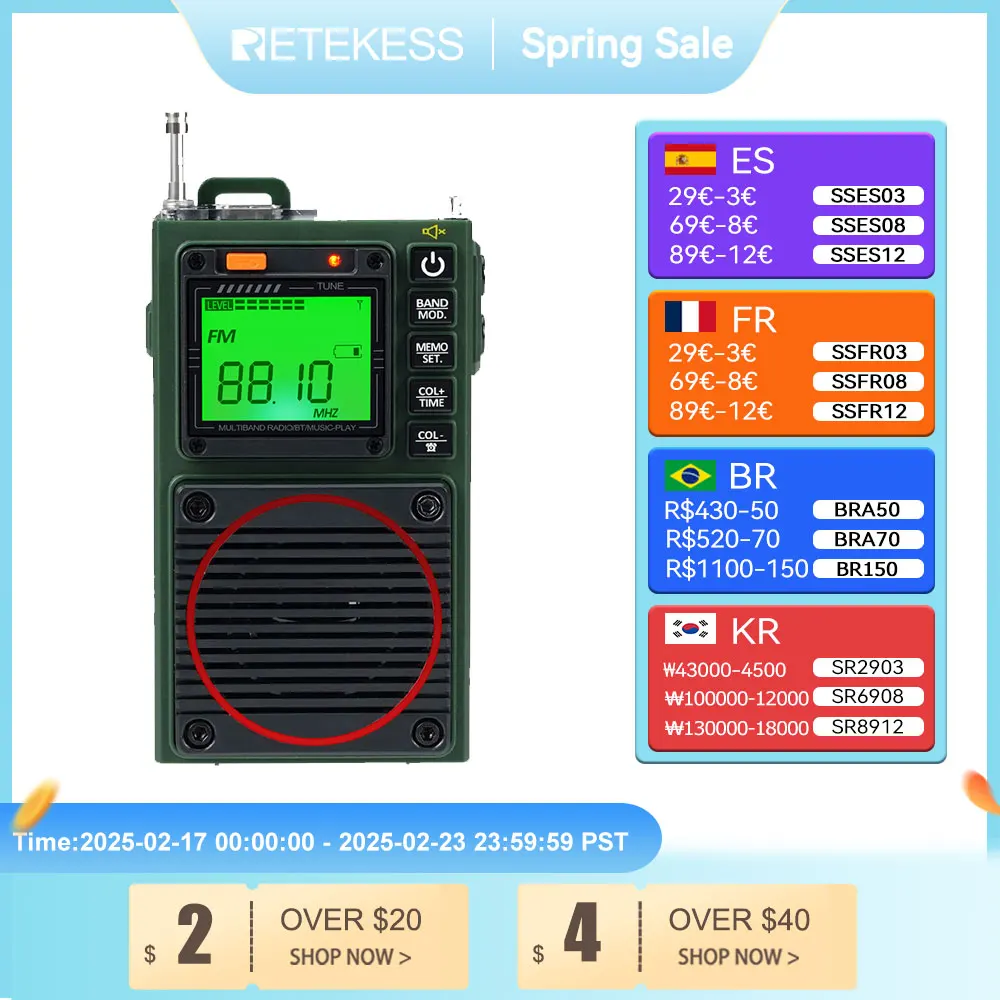 Retekess TR111 Radio FM Portable Radios AM FM Mini Ham Radio Shortwave Emergency Amateur Radio Multiband SW VHF WB Alarm Clock