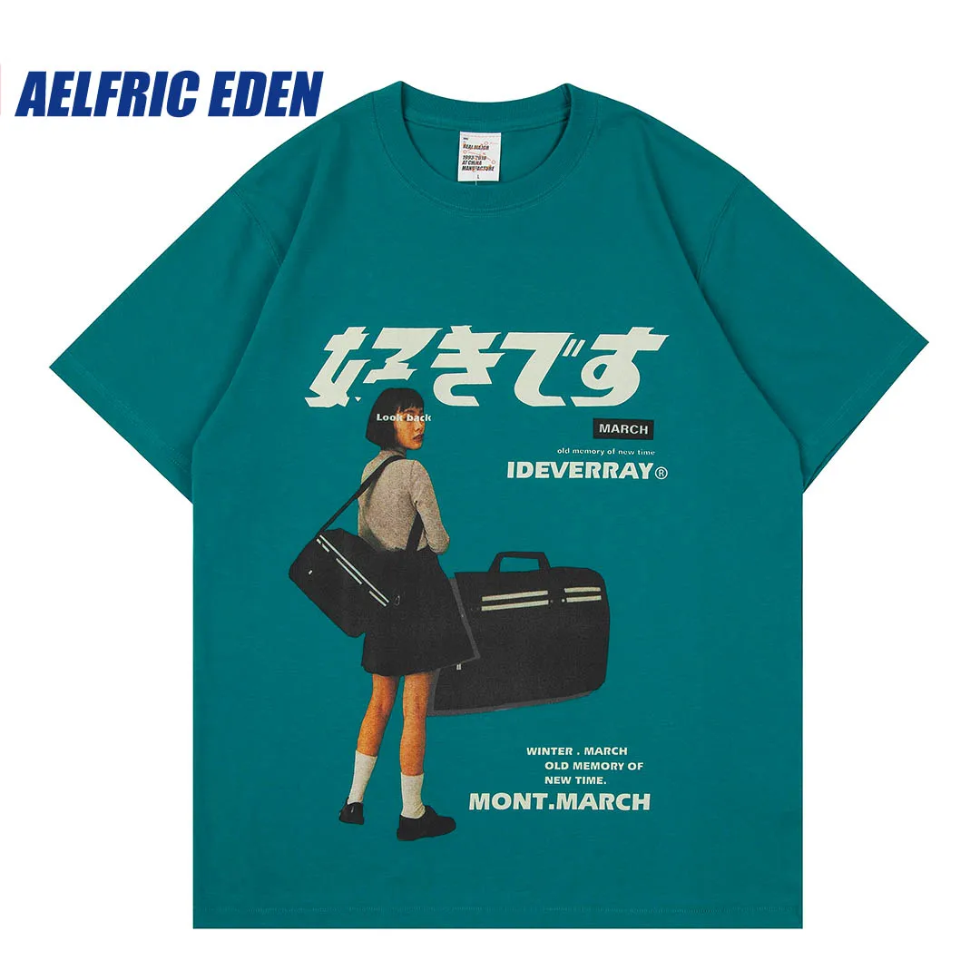 Aelfric Eden Japanese Girl Graphic Tee Streetwear Harajuku Kanji Print Tshirt Summer Short Sleeve T-Shirt Cotton Loose Tops Tees