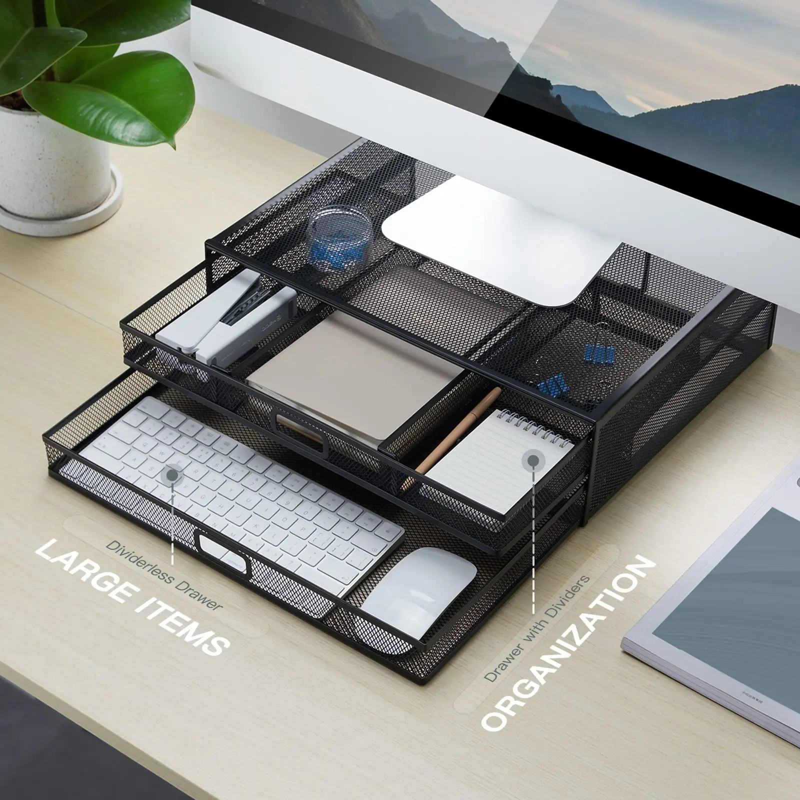 Monitor Stand with Drawer Monitor Riser Mesh Metal Desk Storage Box Organizer Computer Stand for Laptop Printer Cooling Bracket