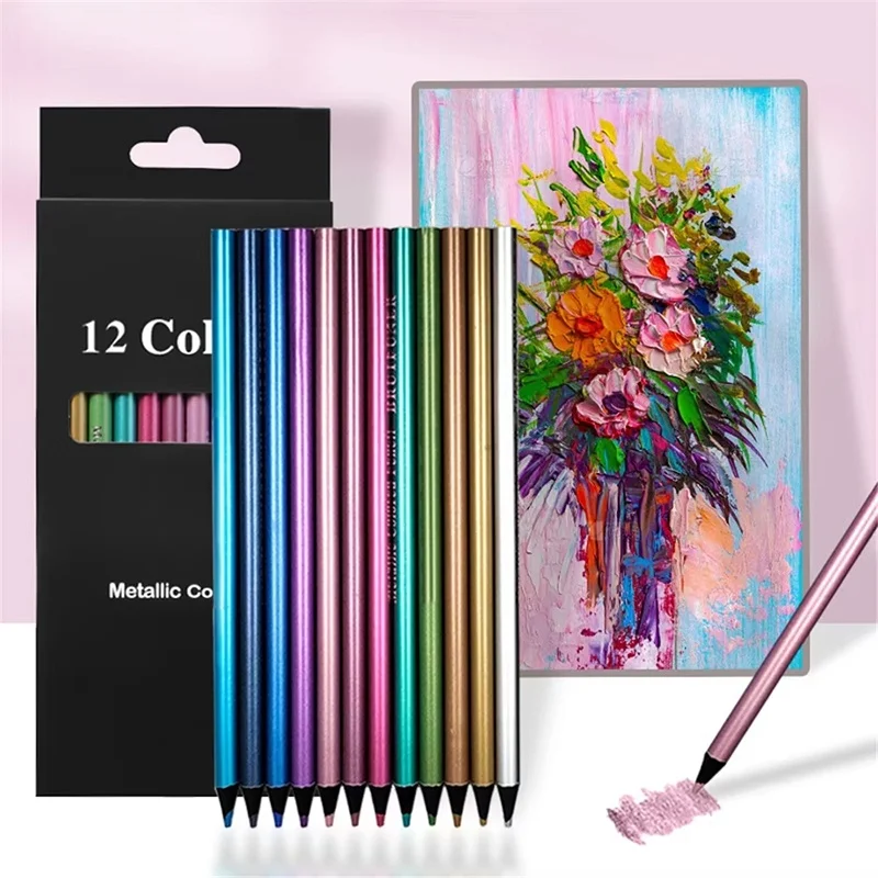 Juego de 12 lápices de colores metálicos para dibujar, bocetar, colorear, para manualidades, pintura artística y decoración del hogar.