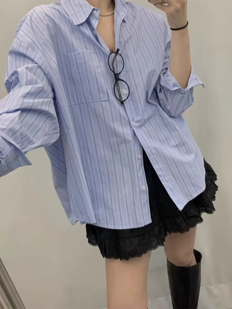 

Повседневная полосатая асимметричная длинная све irt женская свободная посадка с отложным воротником Faionable Autumn New Sle Versatile ket ...