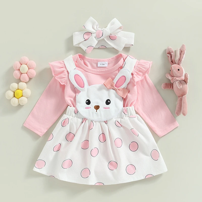 Easter Infant Baby Girls Jumpsuits Set Ruffle Long Sleeves Romper and Casual Cartoon Bunny Suspender Skirt Headband 3pcs Outfit