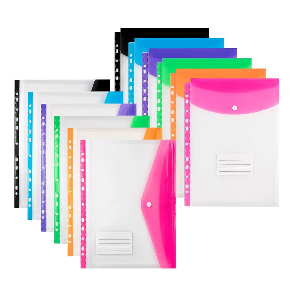 12pcs A4 Clear Plastic File Pockets, Expandable Folders with Snap Closure & Label Slot, Top/Side Opening for 2/3/4-Ring Binders