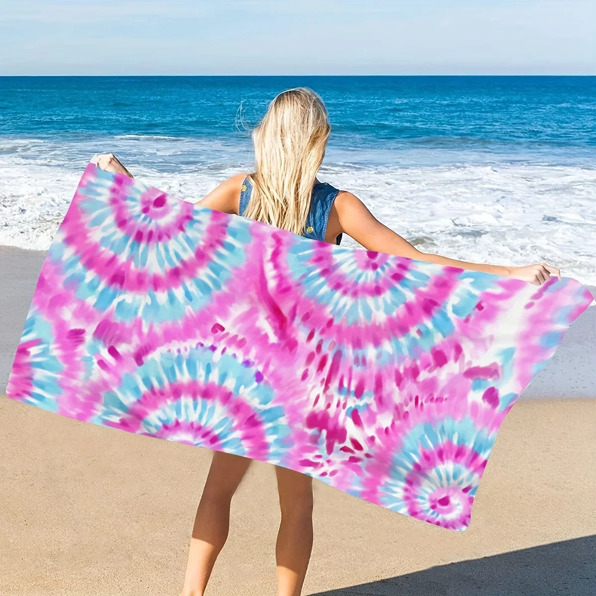 Boho Tie Dye Beach Towel Pink Blue Spiral Pattern Soft Absorbent Microfiber Towel for Beach Bath Pool Travel