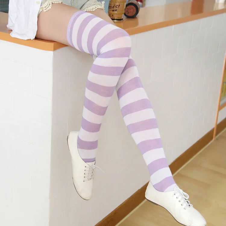 Fashion Women Color Striped Cosplay Stockings Japanese Anime Over Knee Socks Keep Sexy Slim Long Soks Striped Hosiery