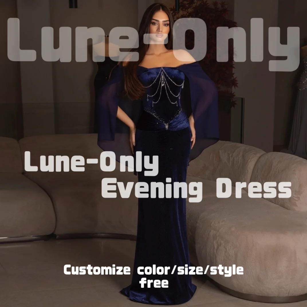 

Индивидуальные темно-синие бархатные шифоновые элегантные женские вечерние платья с бусинами с открытыми плечами, вечернее платье для выпускного вечера, вечернее платье