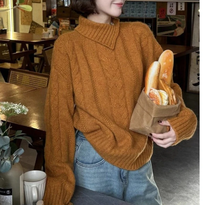 

French Retro Twist Turtleneck Sweater Women's Autumn and Winter Loose Lazy Wind Knitted Blouse