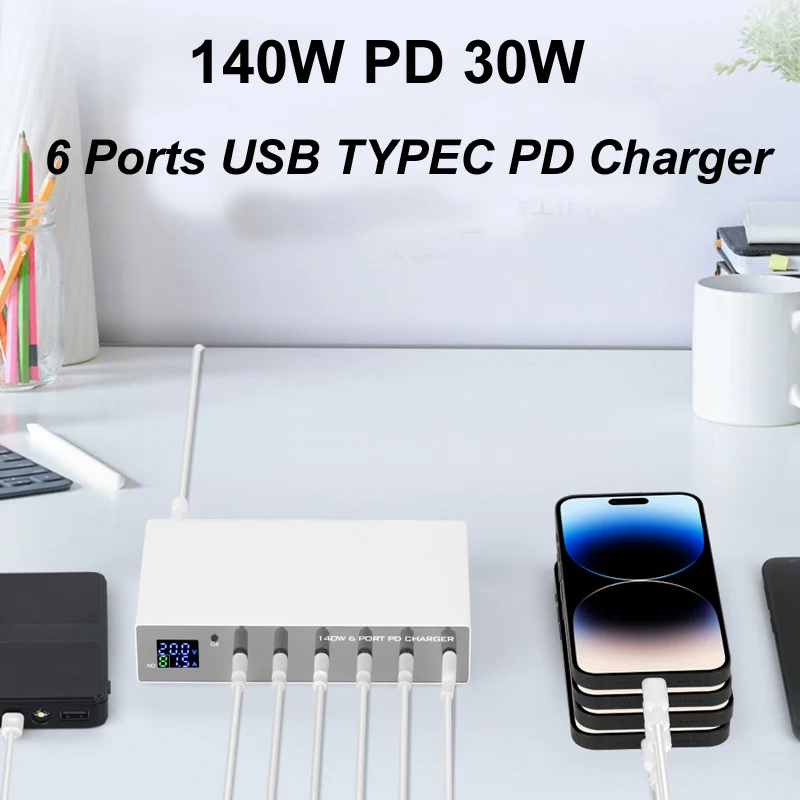 140W 6 Ports LED Display Fast Charging Station support PD charge 30W Quick USB-C charge for iPhone Samsung TECNO Laptop PAD etc