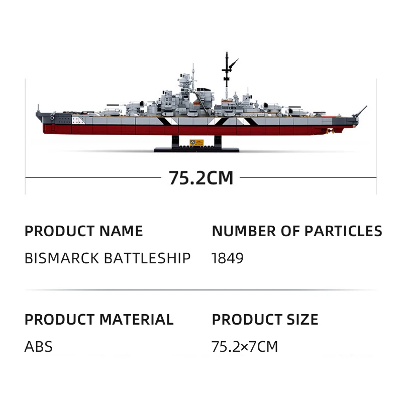 Military WW2 KMS Bismarck Battleship Large Boat Cruiser Model Weapon Building Blocks MOC Warship Set Toys for Children Gifts