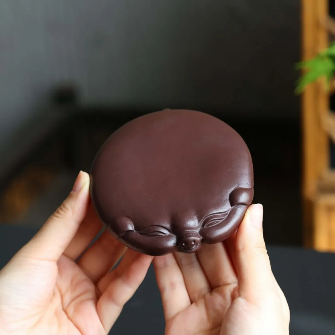 Yixing Pet Pig Coaster And Lid Holder, Handmade Purple Clay Collectible Ornament, Tea Accessory, Zodiac Fortune Cup Holder