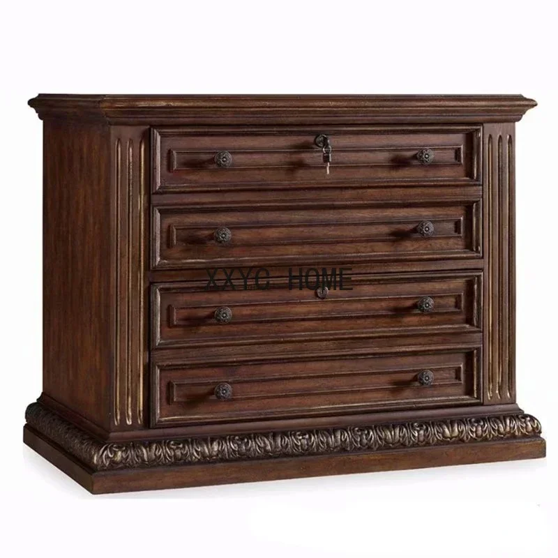 Solid Wood Chest of Drawers American Antique Old Four-Bucket Locker Study Vintage Engraving File Storage Cabinet