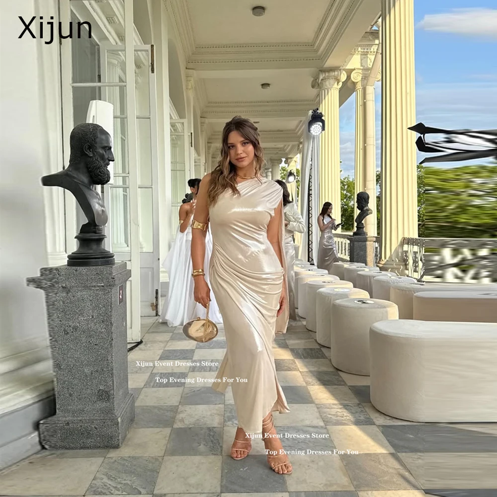 

Xijun Modern Champagne Evening Dresses One Shoulder Ankle Length Prom Dresses Formal Occasion Sleeveless Prom Gowns Customized