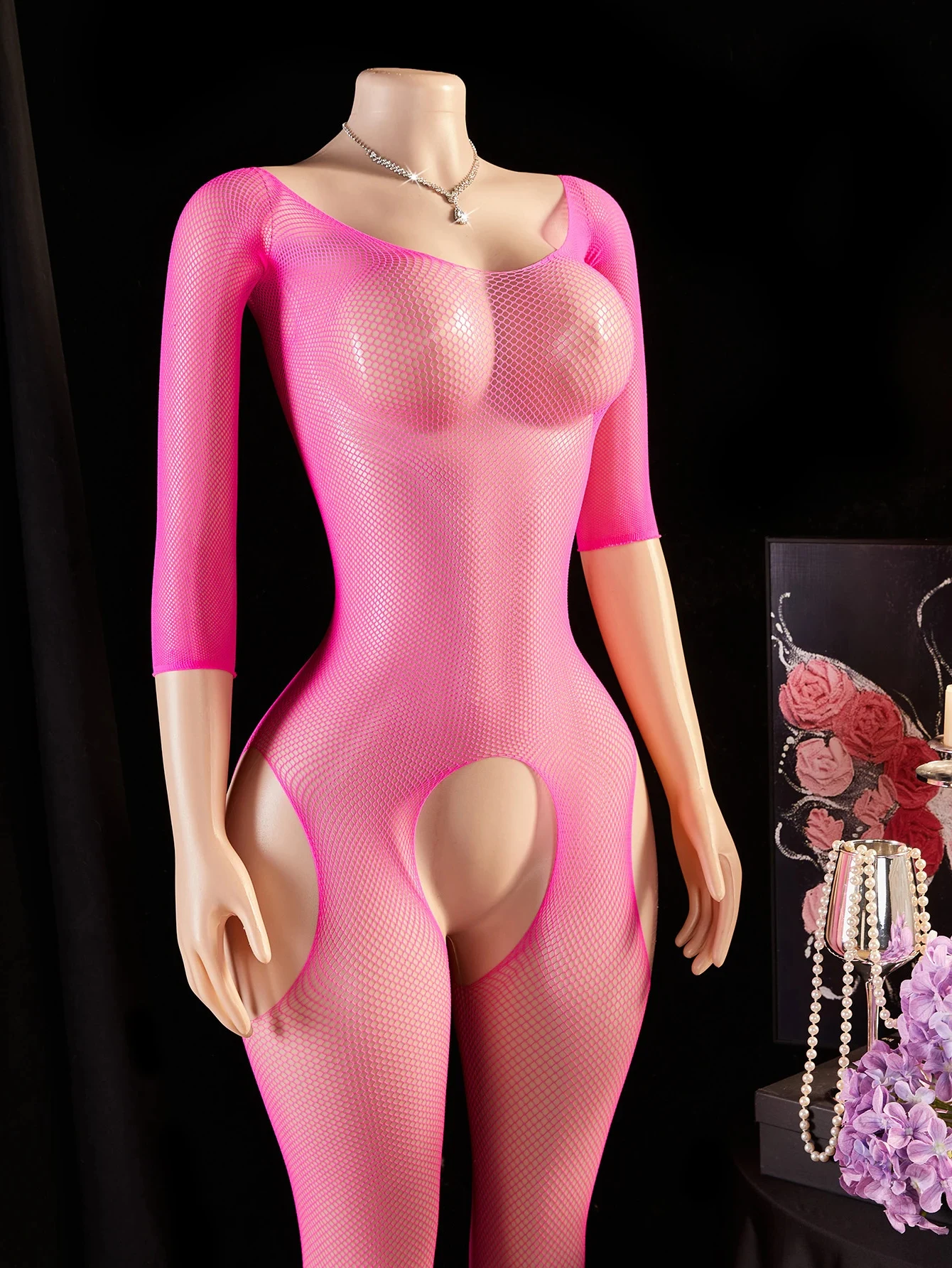 ชุดบอดี้สูทตาข่ายซีทรูเซ็กซี่สำหรับผู้หญิง ชุดชั้นในแบบเปิดเป้า บอดี้สต็อกกิ้งตาข่ายโปร่งใส