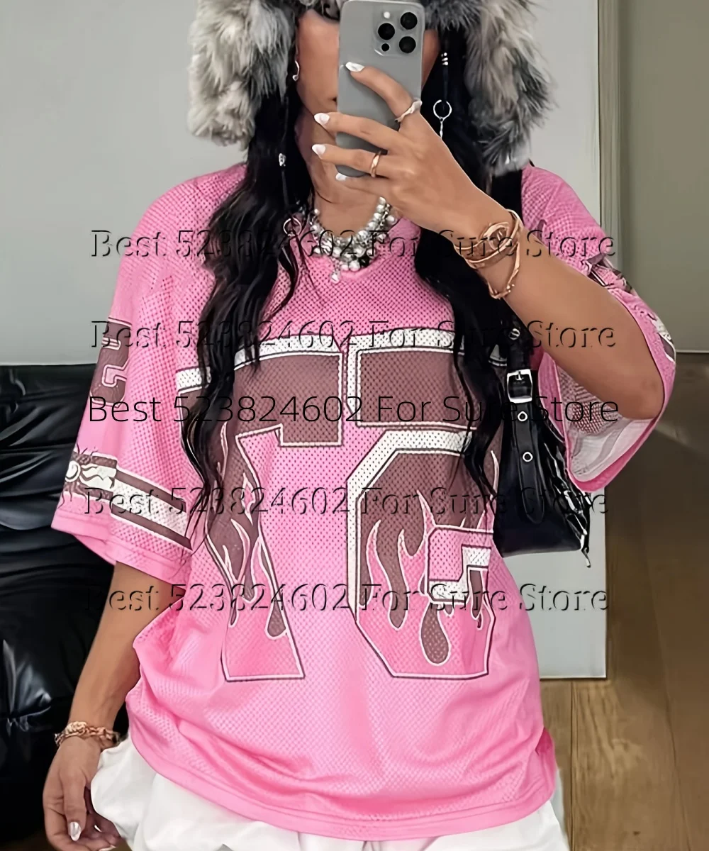 Y2K Street Style Women Mesh Jersey Pink Flame Graphic Print Short Sleeve Plus size Loose Breathable Sport Tee for Casual Wear