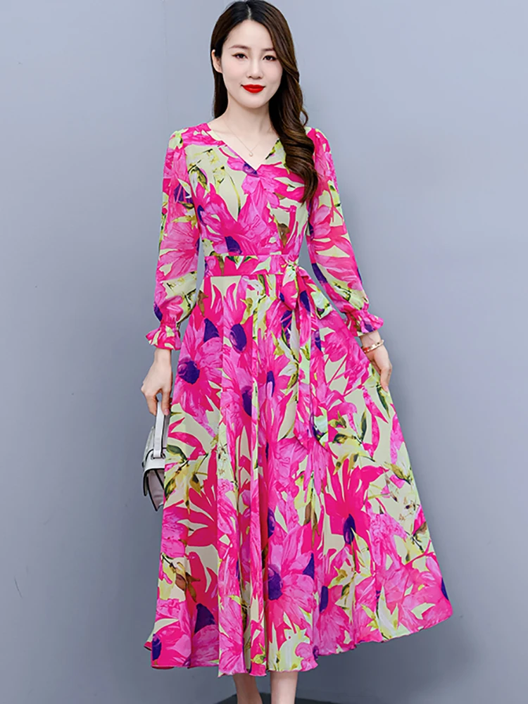 Robe maxi en mousseline de soie à fleurs pour femmes, bohème, nœud, bandage, tambour élégant, décontracté, luxe, soirée, Rh, printemps, automne, 2024