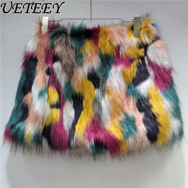 

European and American Style Autumn Winter New Niche Design Tie-Dye Furry Mini Skirt Spliced Hot Girl Slimming A-Line Short Skirt