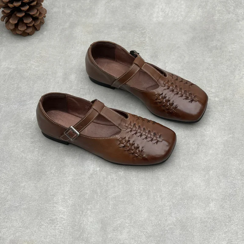 Retro Washed Cowhide Genuine Leather Flat Pumps for Women Handmade Woven Square Toe T-Strap Buckle Casual Comfortable Mary Janes