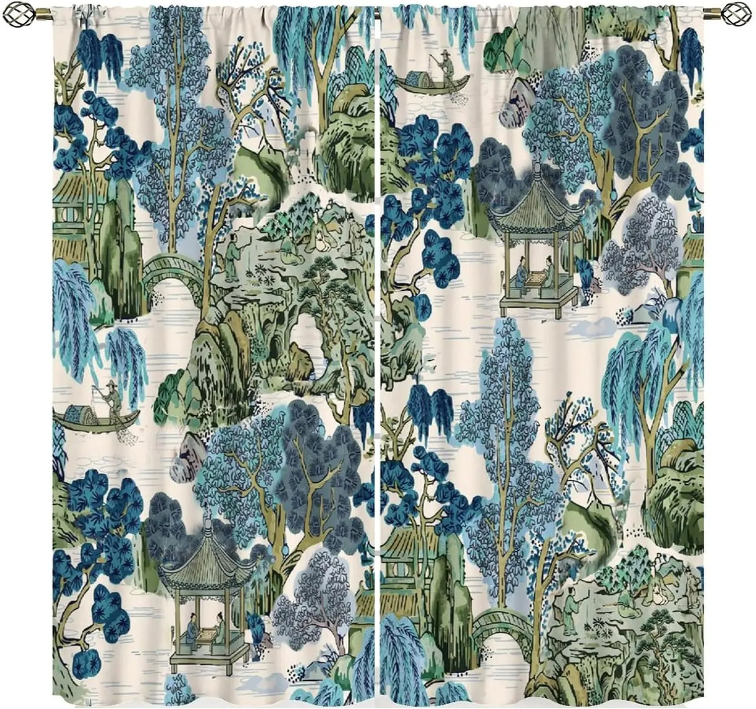 Vintage Chinese Garden Landscape Curtain Blue Green Watercolor Style Home Decor Window Drapes