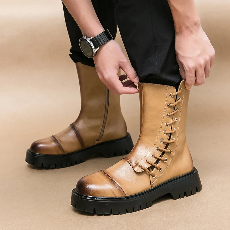 Men's Round Toe Workwear Boots Ankle Boots British Designer Botas Trend Casual High-tops Punk Rock Shoes