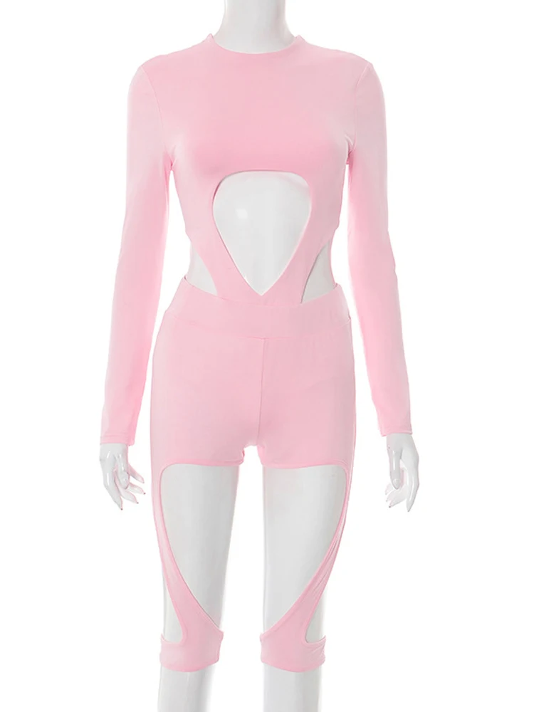 BWQ Sporty สีชมพู Co Ords ชุดผู้หญิงตัดออกบอดี้สูทด้านบนและกางเกงขาสั้นชุด 2 ชิ้นชุด Night Out Overalls Clubwear 2025