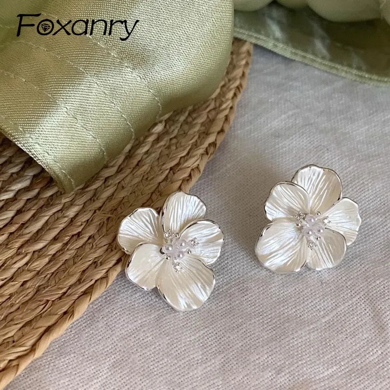 Foxanry Zircon Pearl Flower Stud Earrings For Women Girl Simple Temperament Sweet Trendy Gentle Elegant Anniversary Jewelry Gift