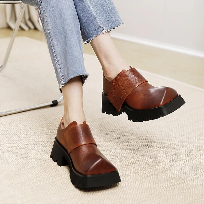 Birkuir Women Flat Platform Shoes Flats Thick Heel Luxury Hook Loop Genuine Leather Square Toe Deep Mouth Ladies Shoes size 41